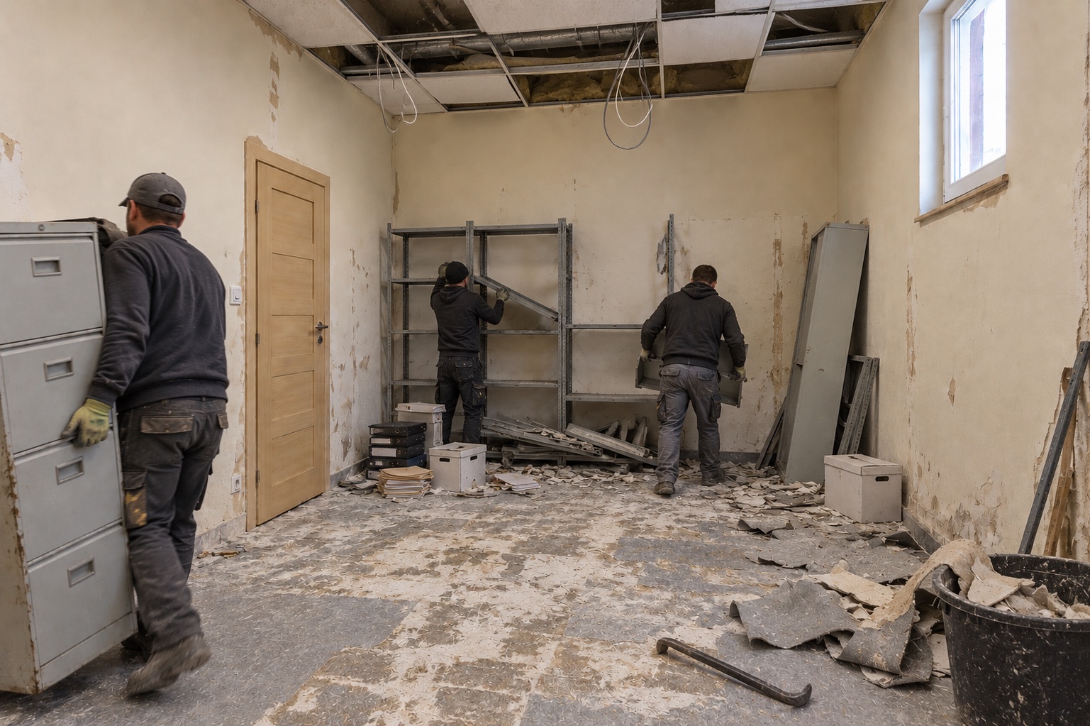 Разборка стеллажей, пола и подвесного потолка в боковом помещении