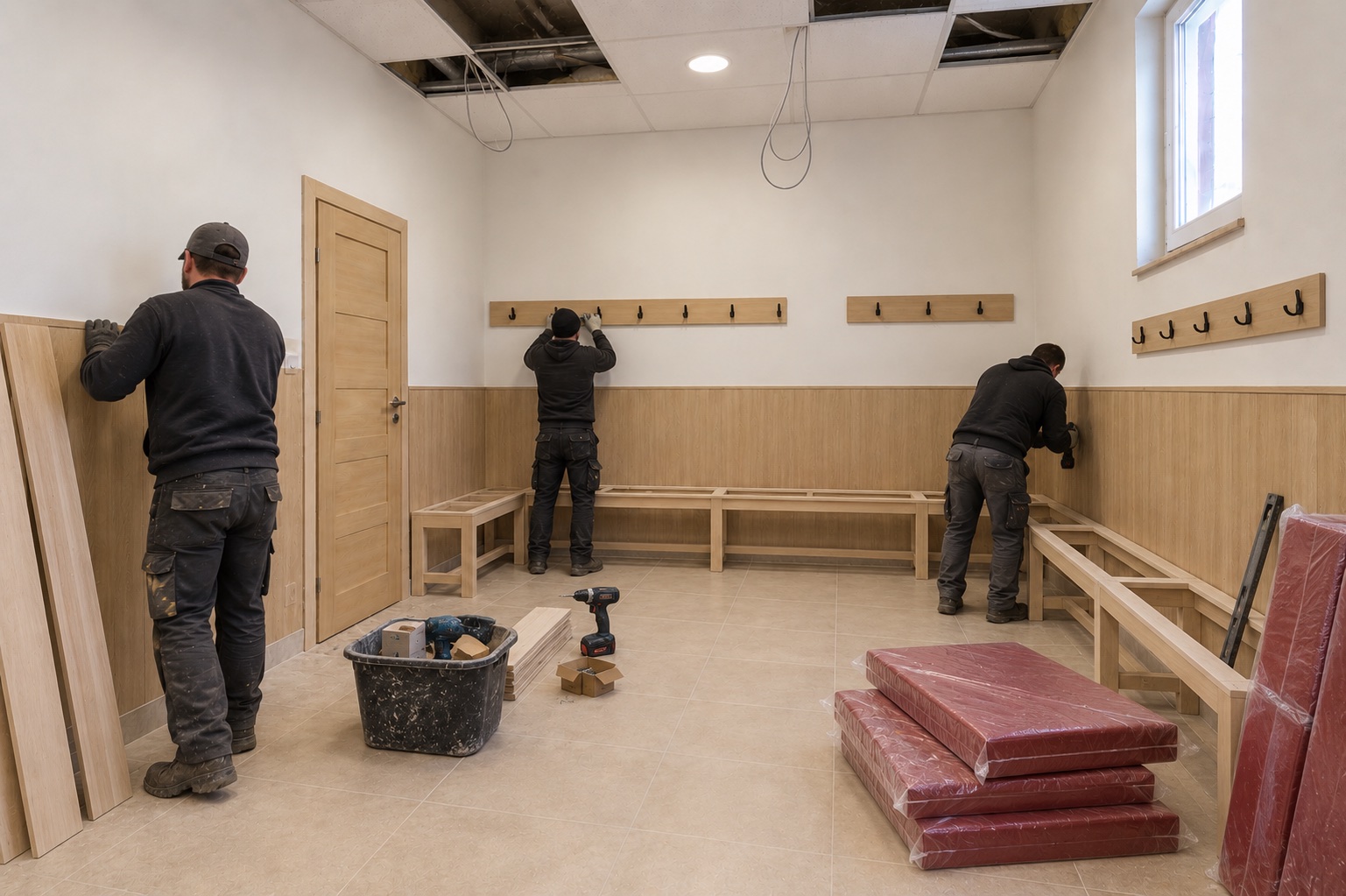 Монтаж деревянных скамей и отделка стен в боковом помещении