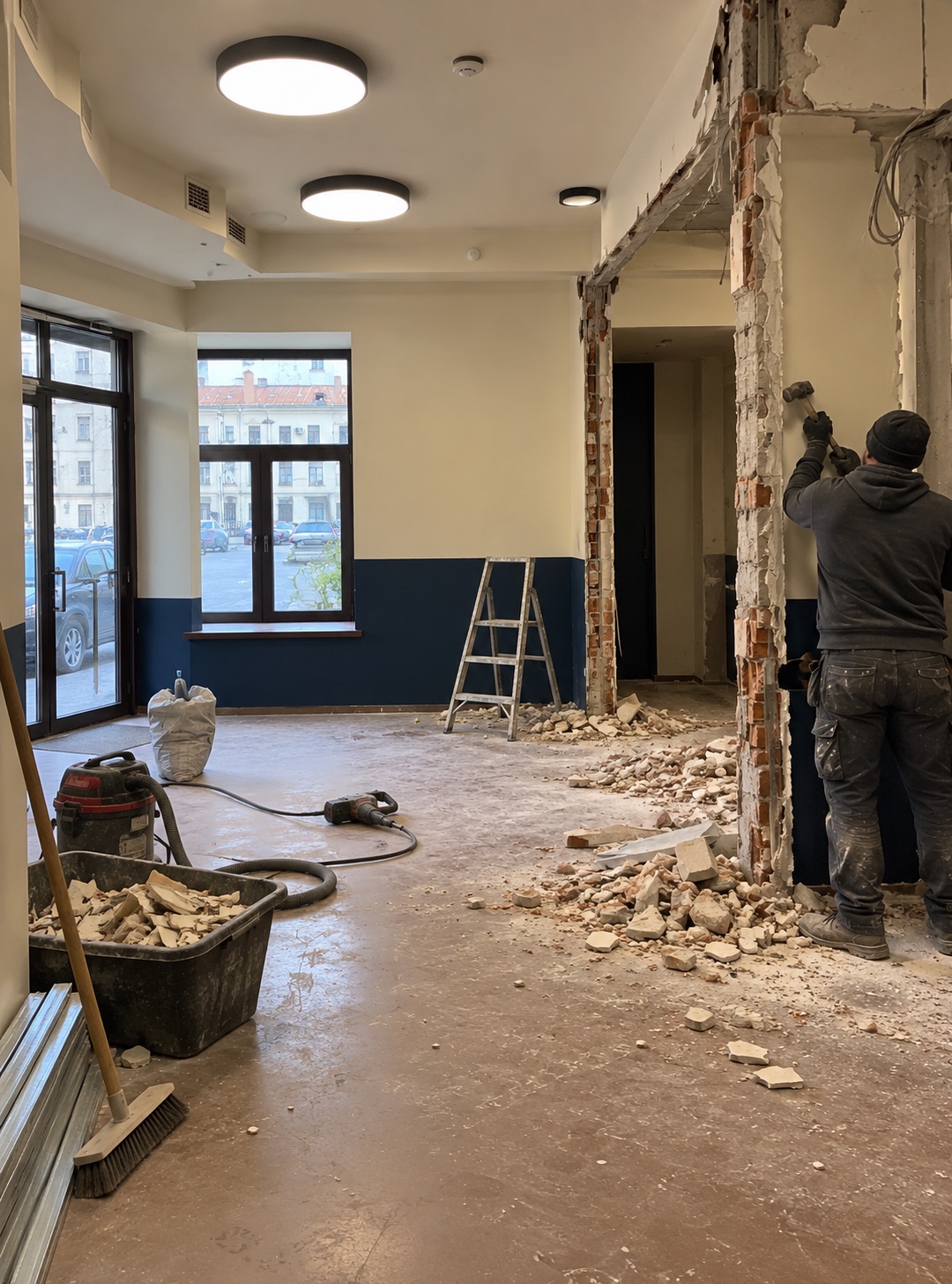 Разборка перегородки рядом с входной зоной салона красоты