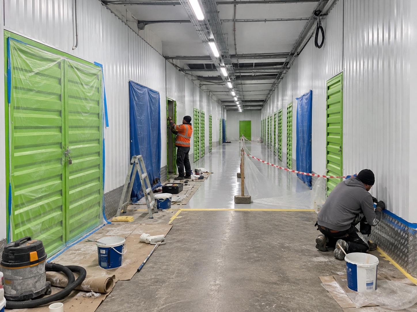 Отделка коридора и монтаж дверей боксов self-storage